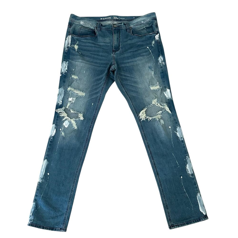 Rogue Men Intentionally Distressed 5 Pocket Design Skinny Blue Jeans Size 38